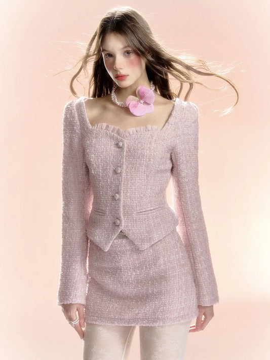 Tweed Feminine Set-Up Suit Slim Jacket & Mini-Skirt