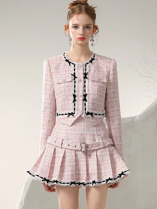 Tweed Suit Ribbon Feminine Jacket ＆ Mini-Skirt