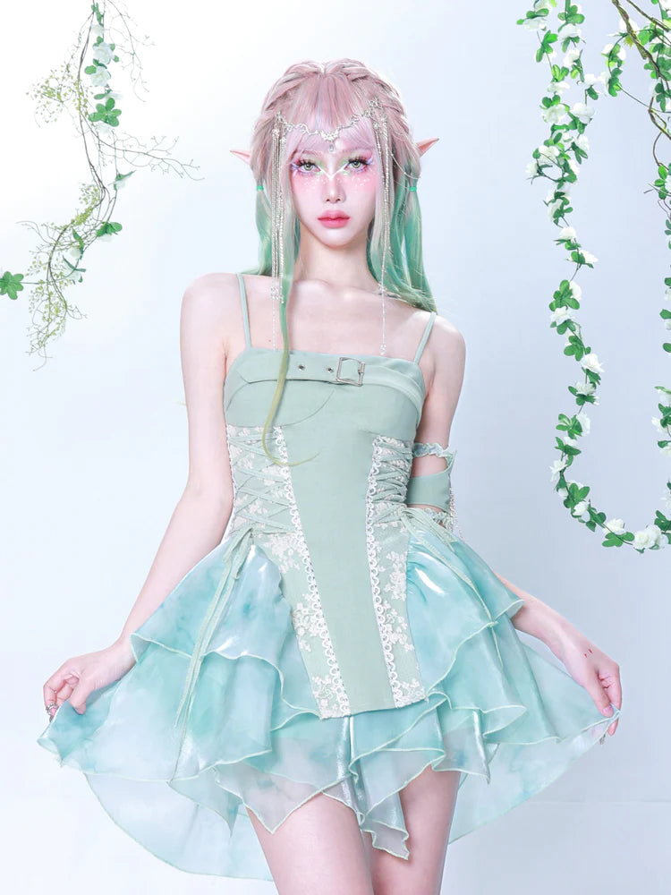 Y2K Lace Stitching Tie-Dye Print Suspender Dress- Dream Outfits