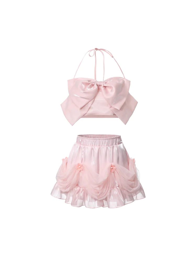 Pink Glossy Bow Halter Corset + Ruffle Skirt