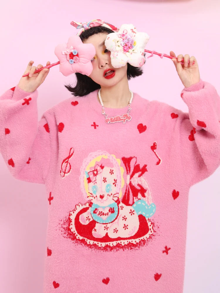 Pink Love Cat Sweater Skirt- Outfits Aesthetic