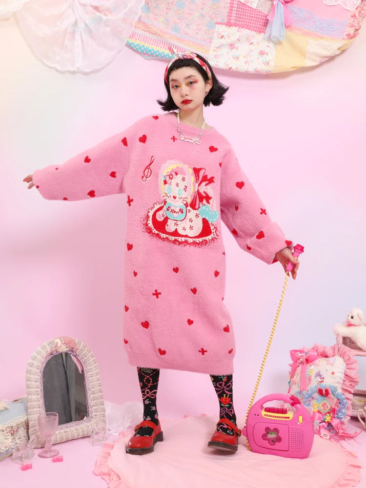 Pink Love Cat Sweater Skirt- Outfits Aesthetic