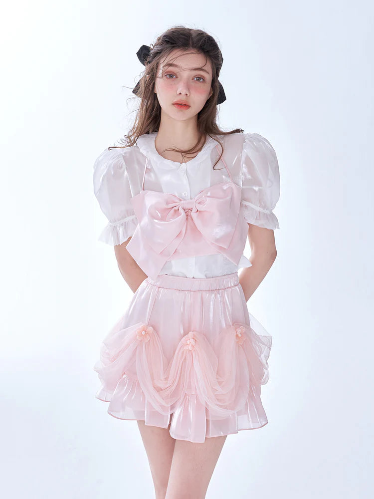 Pink Glossy Bow Halter Corset + Ruffle Skirt