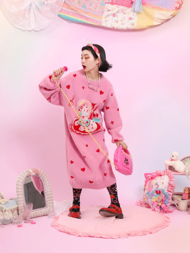 Pink Love Cat Sweater Skirt- Outfits Aesthetic