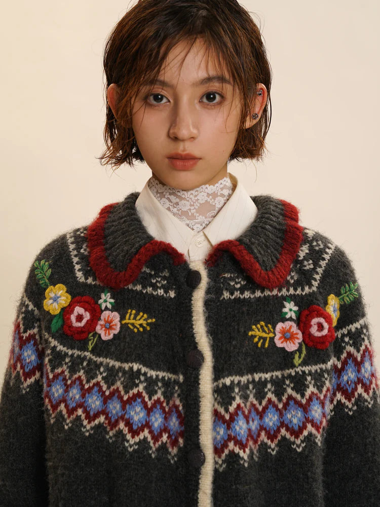 Fair Isle Three-dimensional Flower Knit Cardigan