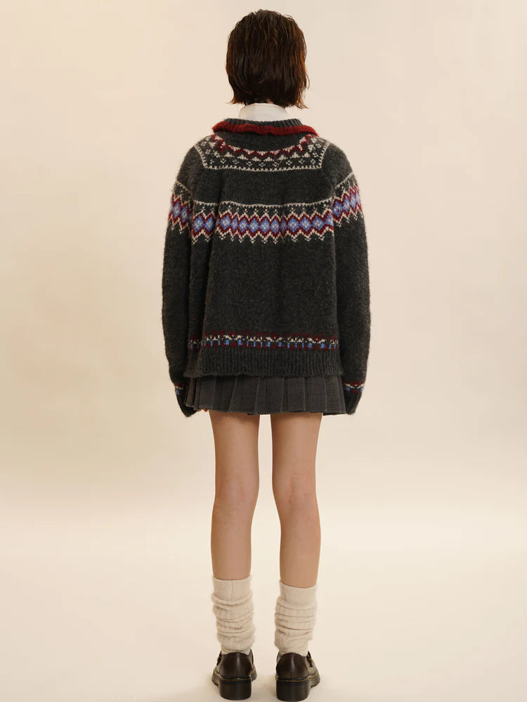 Fair Isle Three-dimensional Flower Knit Cardigan