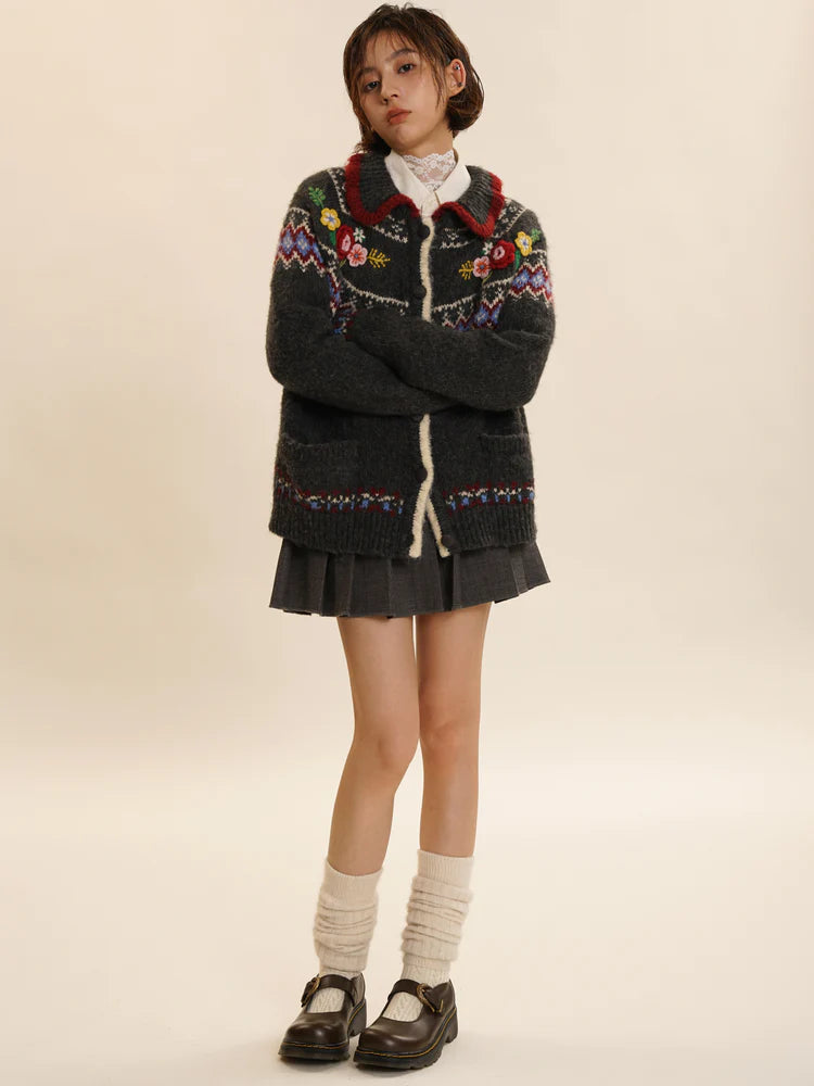 Fair Isle Three-dimensional Flower Knit Cardigan