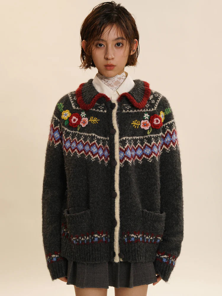 Fair Isle Three-dimensional Flower Knit Cardigan