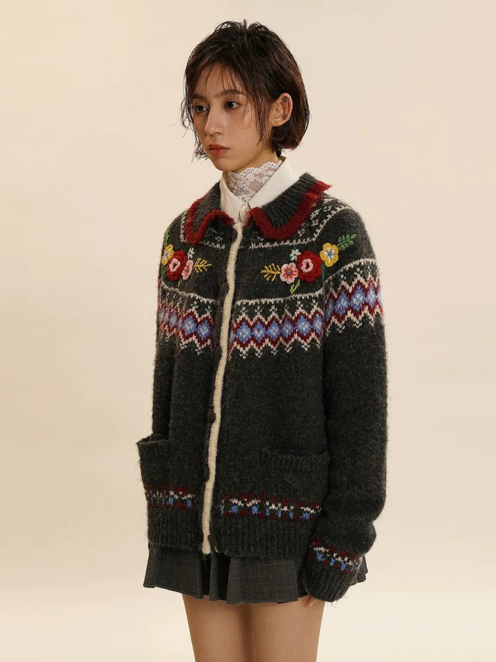 Fair Isle Three-dimensional Flower Knit Cardigan