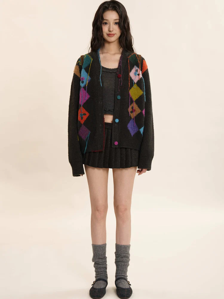 Rhombic Hand Embroidered Flower Fringe Knitted Cardigan