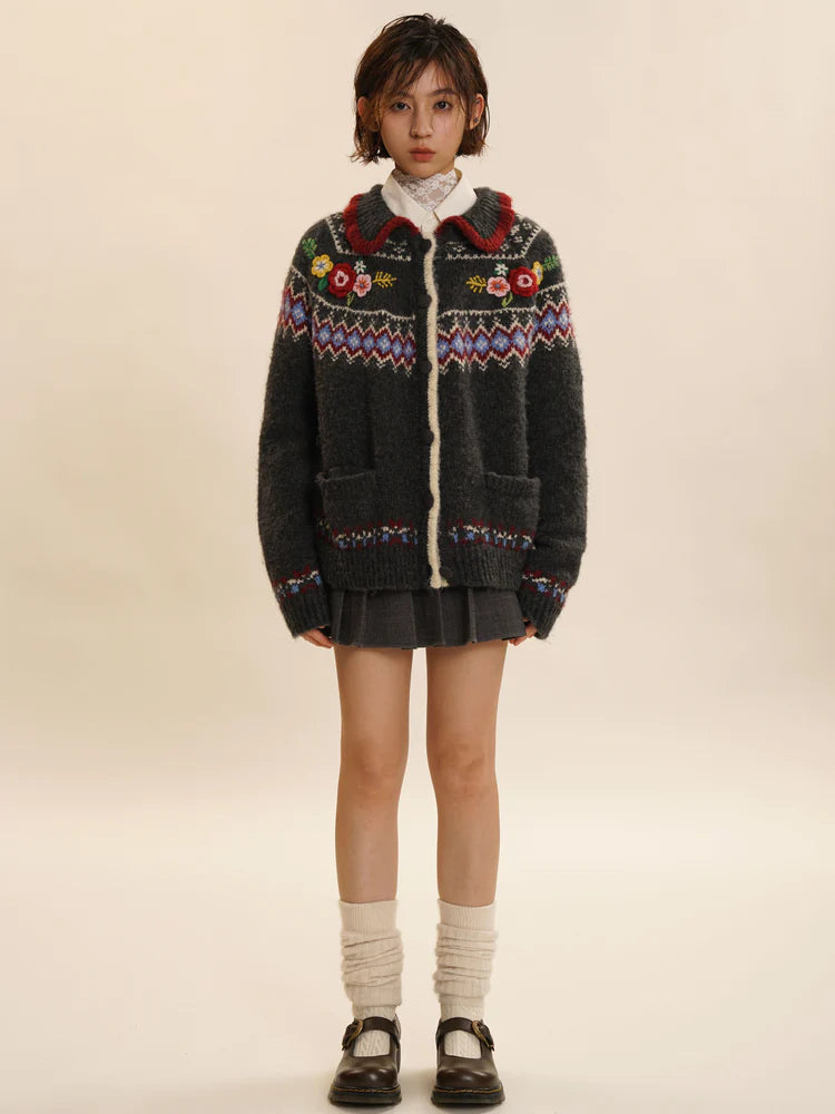 Fair Isle Three-dimensional Flower Knit Cardigan