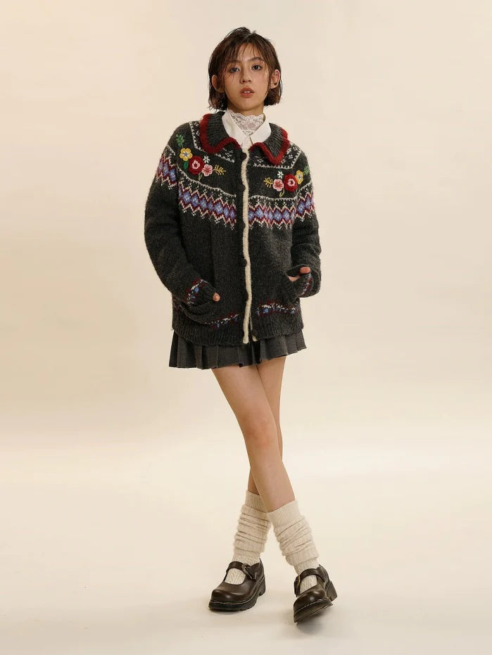 Fair Isle Three-dimensional Flower Knit Cardigan