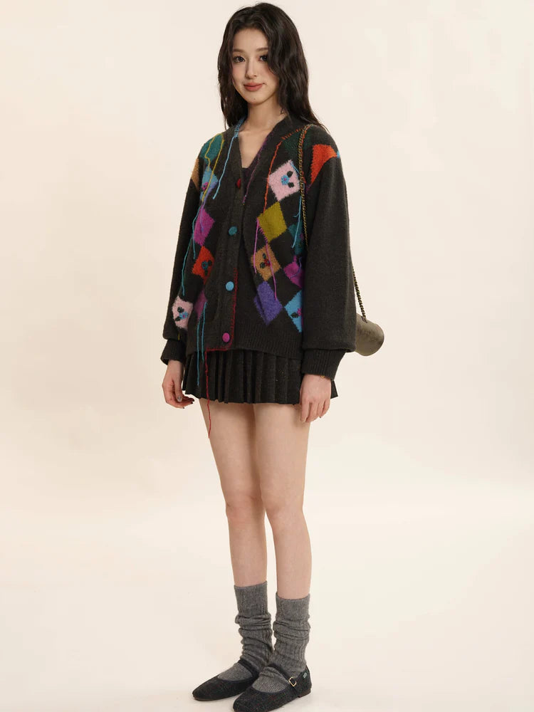 Rhombic Hand Embroidered Flower Fringe Knitted Cardigan