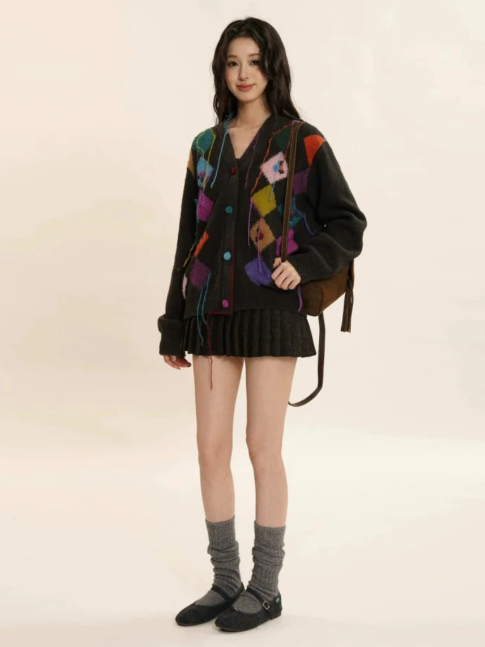 Rhombic Hand Embroidered Flower Fringe Knitted Cardigan