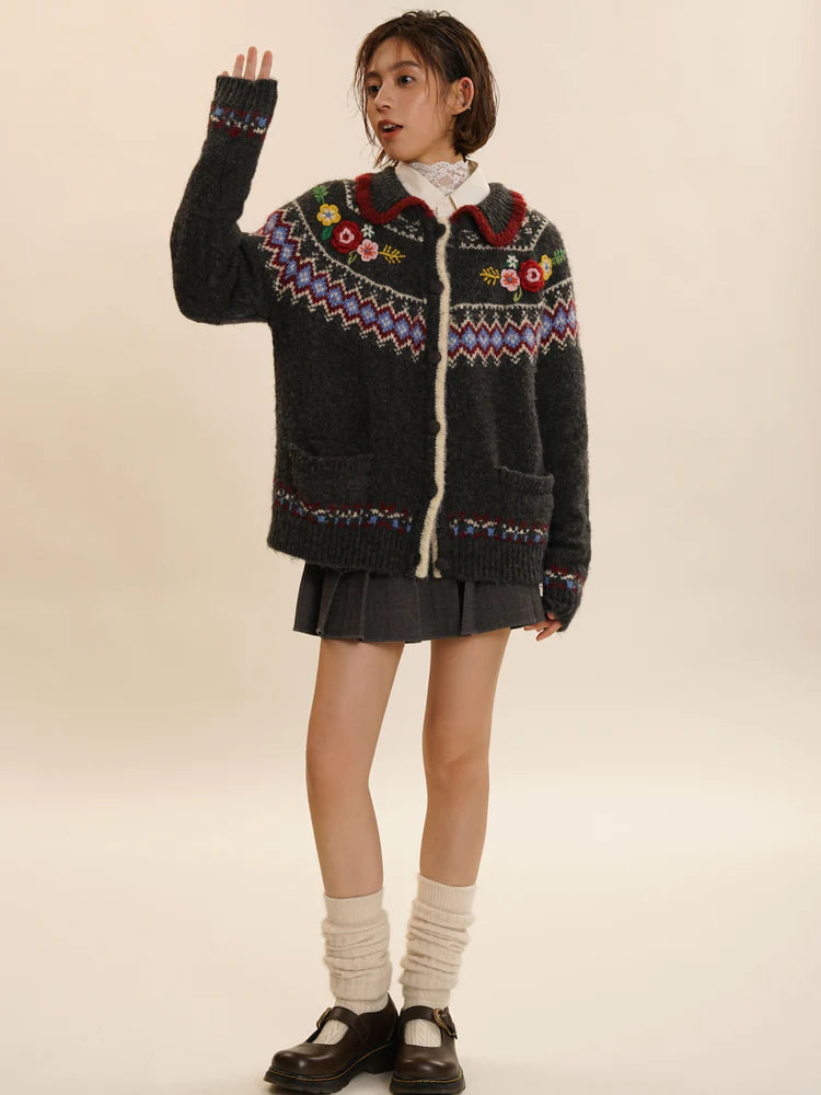 Fair Isle Three-dimensional Flower Knit Cardigan