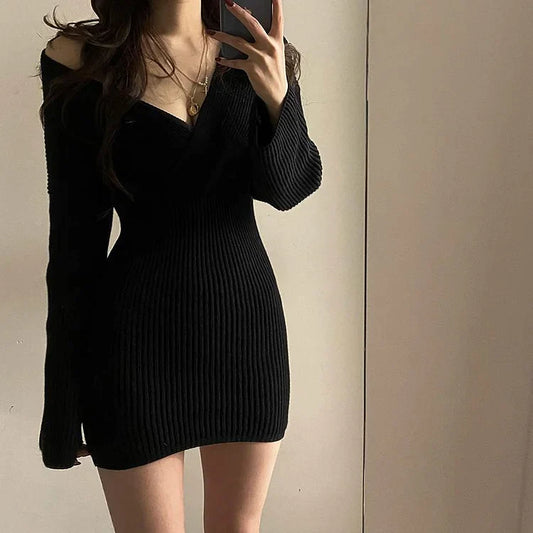 Long-Sleeve V-Neck Knit Mini Bodycon Dress