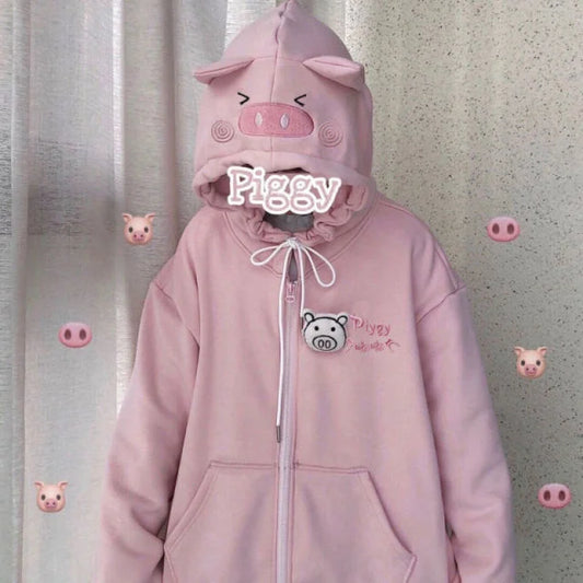 M-XXL Korean Style Kawaii Pink Cute Pig Ears Loose Long Sleeve Hoodie