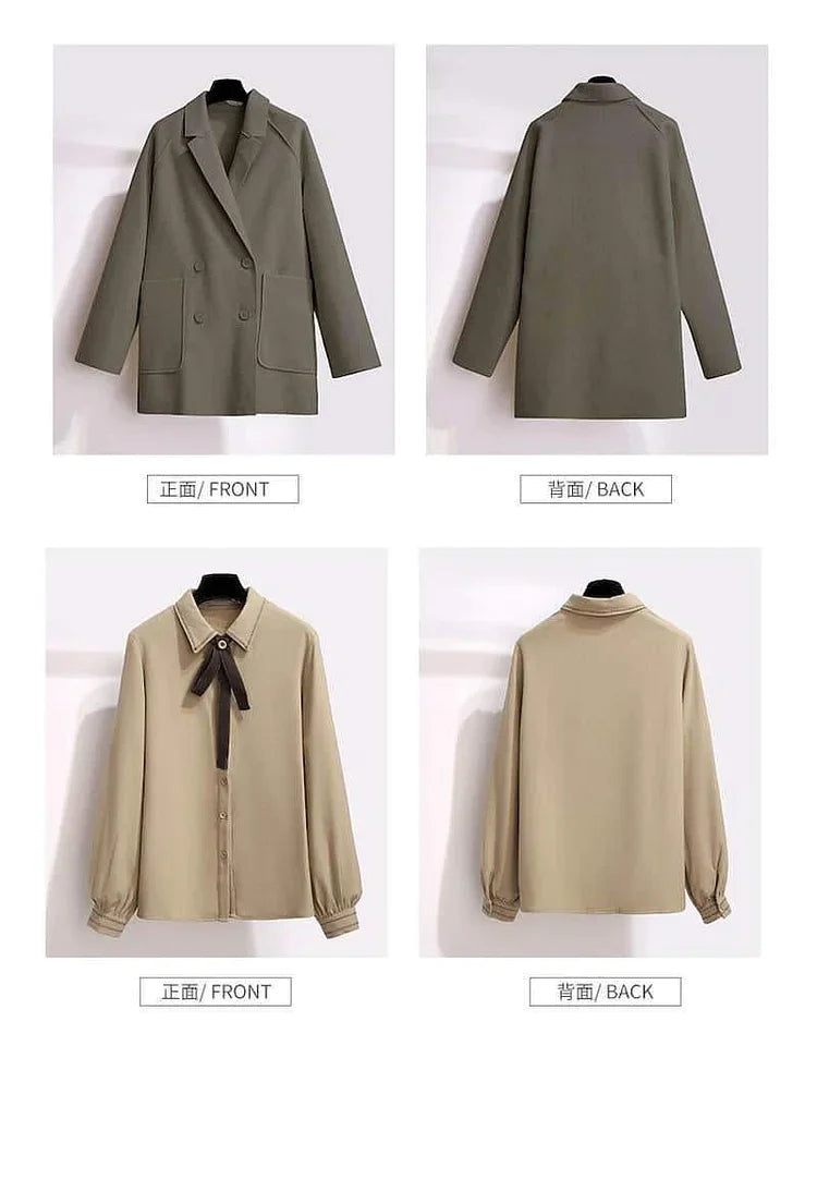 Dark Academia Woolen Coat Three-Piece With Jacket, Blouse, And Short Skirt