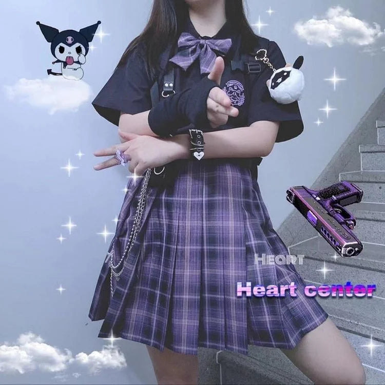 Black Blouse Purple Bow Plaid Skirt JK School Uniforms Three Piece Set