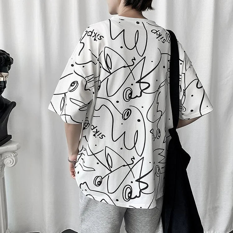 Korean Fashion Elbow-Sleeve Graphic Print T-Shirt