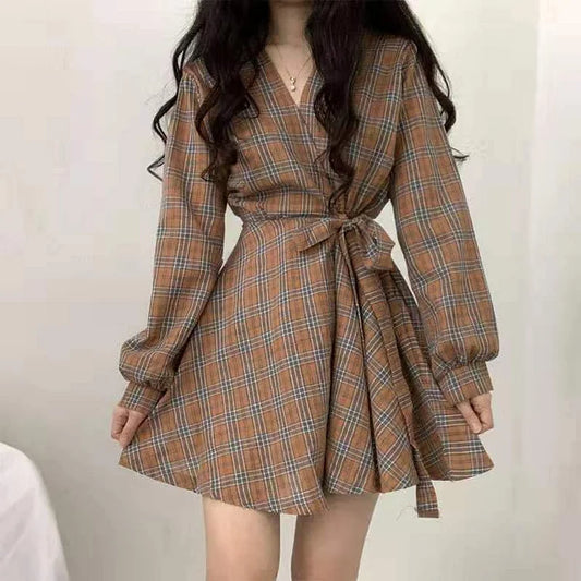 Dark Academia Winter Plaid Dress Long Sleeve Scottish Plaid Slim Dress