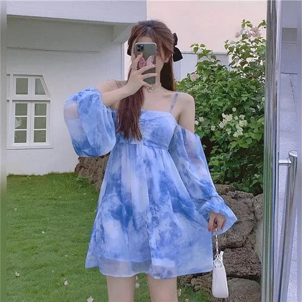 Vintage Off-shoulder Tie-dye Halter Dress