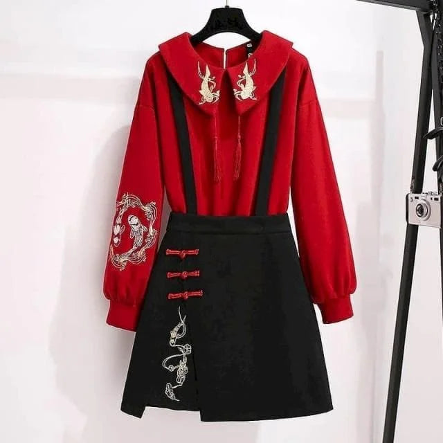 Popular Embroidery Golden Koi Fish Red Blouse and Black Skirt Set