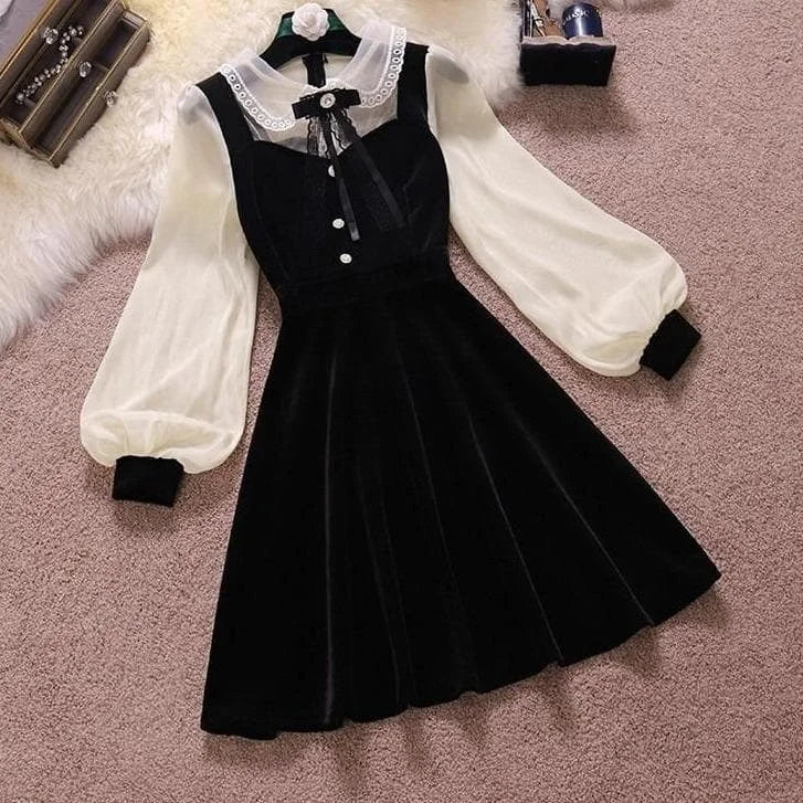 Elegant Vintage Black Lantern Sleeve High Waist Slim Dress