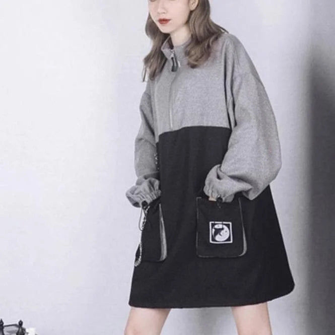 Whale Zipper Chain Pocket Sweatshirt Buckle Strap Dress