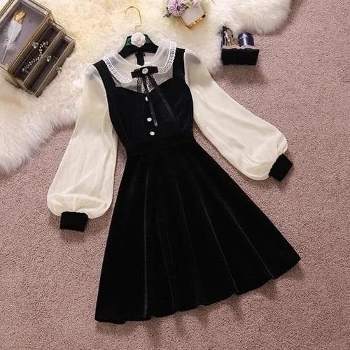 Elegant Vintage Black Lantern Sleeve High Waist Slim Dress