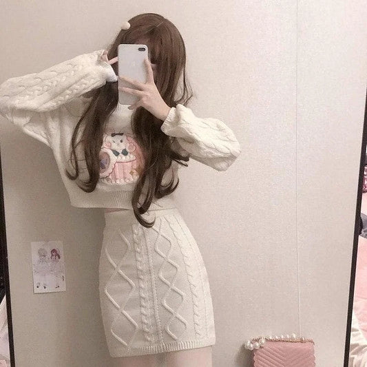 Cute Rabbit Pattern Long Sleeve Sweater Half-length Skirt Two Piece Set