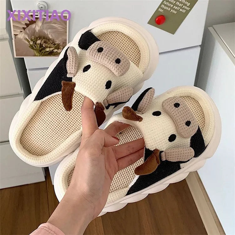 Home Slippers Women Outer Wear Sandals Cute Little Cow Linen Summer Anti-Slip Sweat-Absorbent Couple Cotton