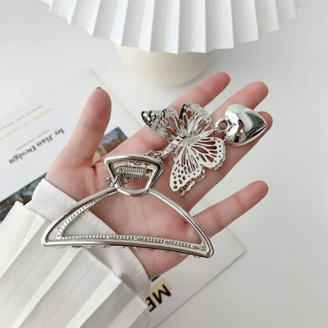 Hollow Out Butterfly Heart Tassel Metal Silver Hair Clip