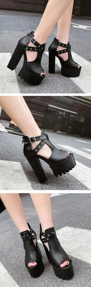 Gothic Eyelet Cross Straps Peep Toe Platform Shoes