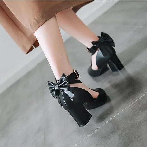 White/Pink/Black Sweet Lolita Bow High Heel Shoes