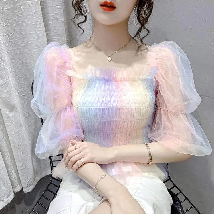 Cute Rainbow Puff Sleeve Square Collar Blouse