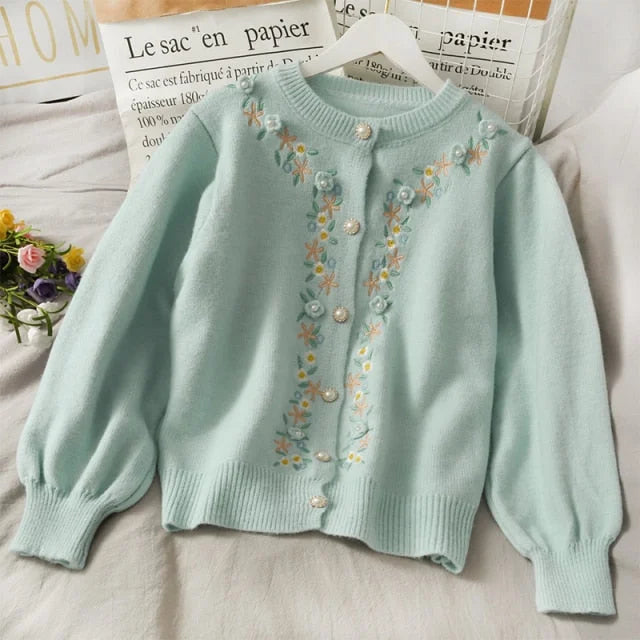 Korean Style Embroidery Floral Lantern Sleeve Knitted Sweater Cardigan