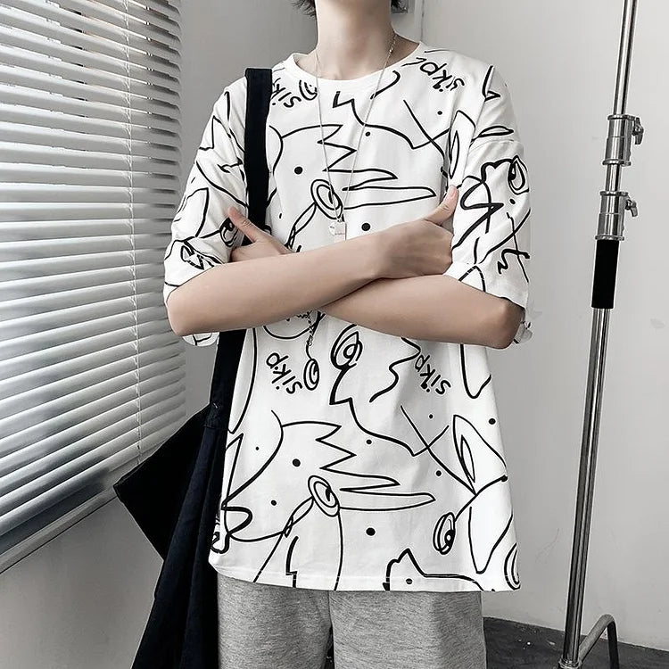 Korean Fashion Elbow-Sleeve Graphic Print T-Shirt