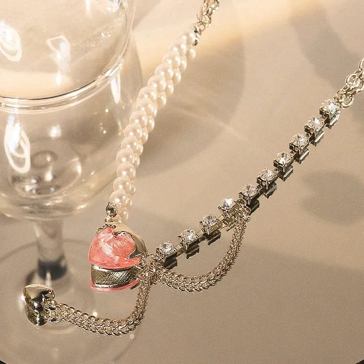 Pink Heart Pearl Chain Necklace