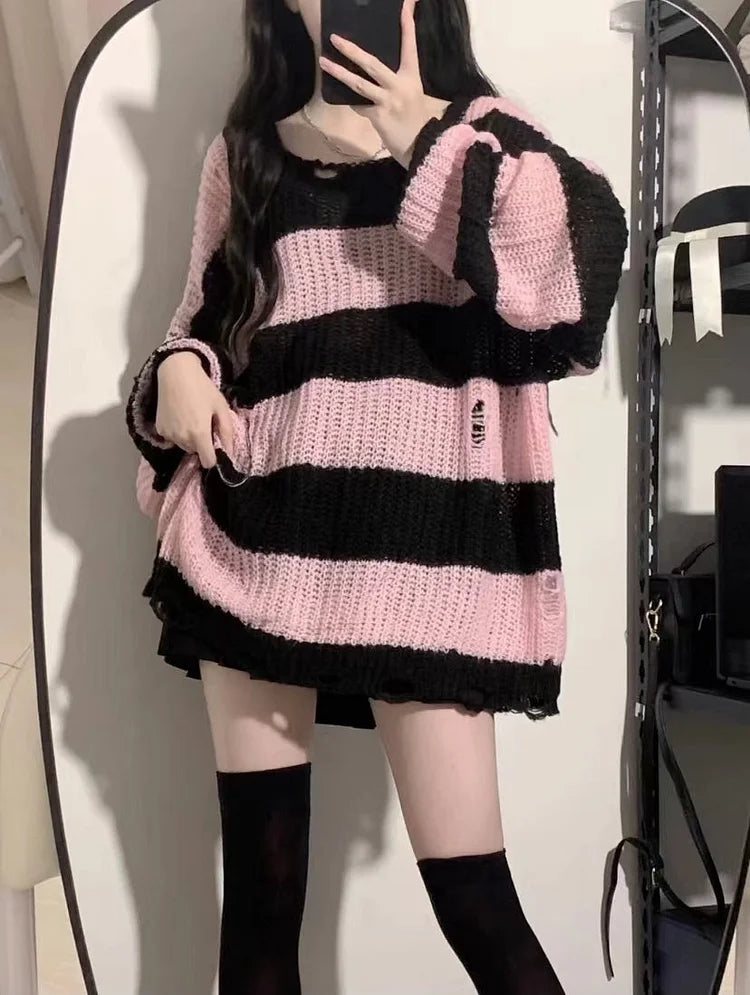 Grunge egirl Style Black Pink Stripes Fashion Sweater