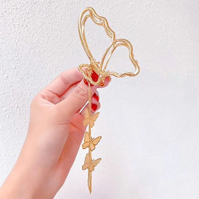 Hollow Out Butterfly Heart Tassel Metal Silver Hair Clip