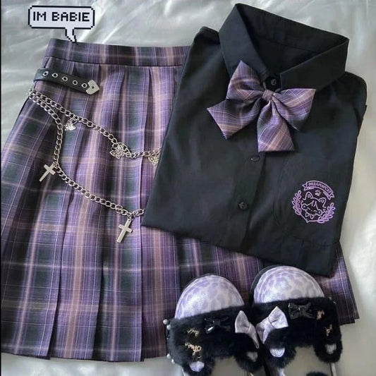 Black Blouse Purple Bow Plaid Skirt JK School Uniforms Three Piece Set