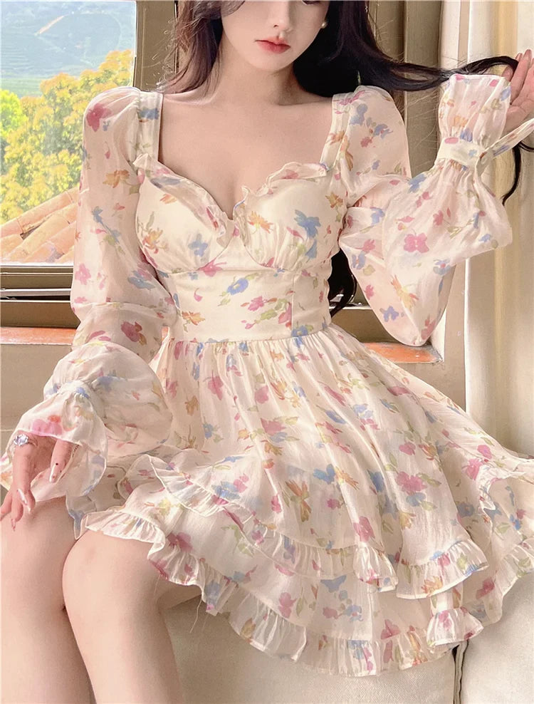 Chiffon Lace Floral Fairy Sweet Ruffle Flounce Elegant Dress