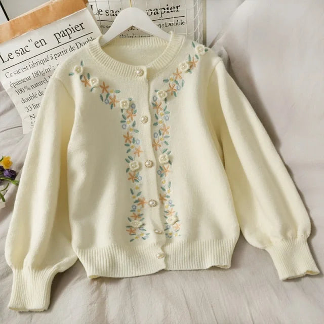 Korean Style Embroidery Floral Lantern Sleeve Knitted Sweater Cardigan