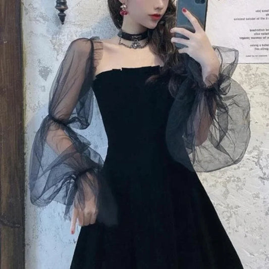 Black Gothic Off-shouldered Lace Bubble Sleeve Dress