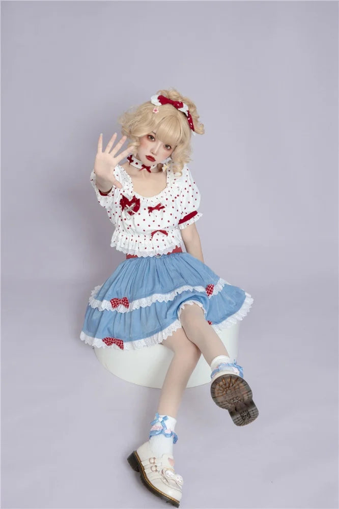 Bowl Cake Short Puff Sleeves Polka Dot Top / Tiered Flounce Mini Skirt Set