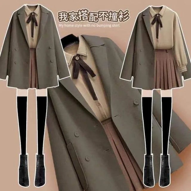 Dark Academia Woolen Coat Three-Piece With Jacket, Blouse, And Short Skirt