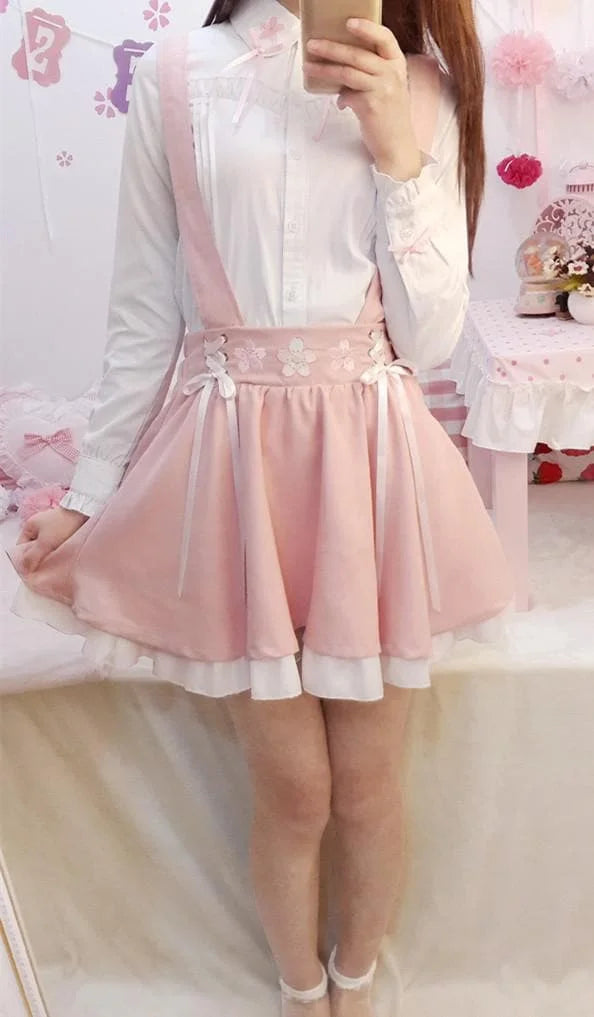 Pink Sakura Suspender Skirt Strap Dress