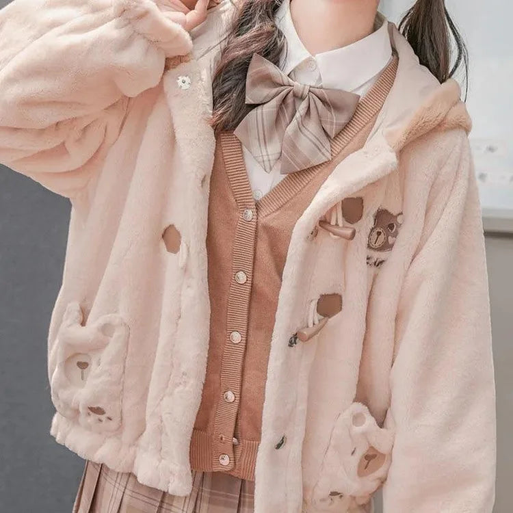 Kawaii Plush Fluffy Bear Winter Hoodie Jacket