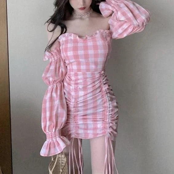 Pink Grid Off-Shoulder Draw String Dress